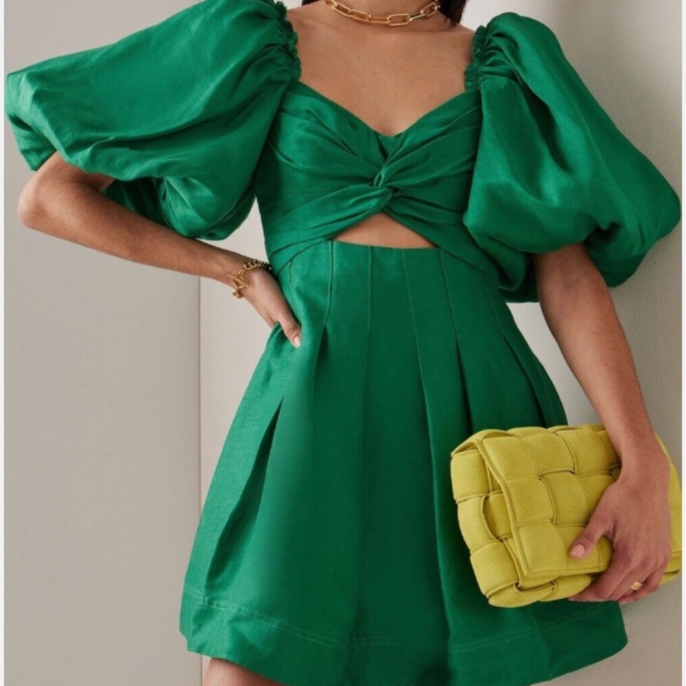 NWT Aje Green Dusk Puff-Sleeve Minidress (US 4/AUS 8)